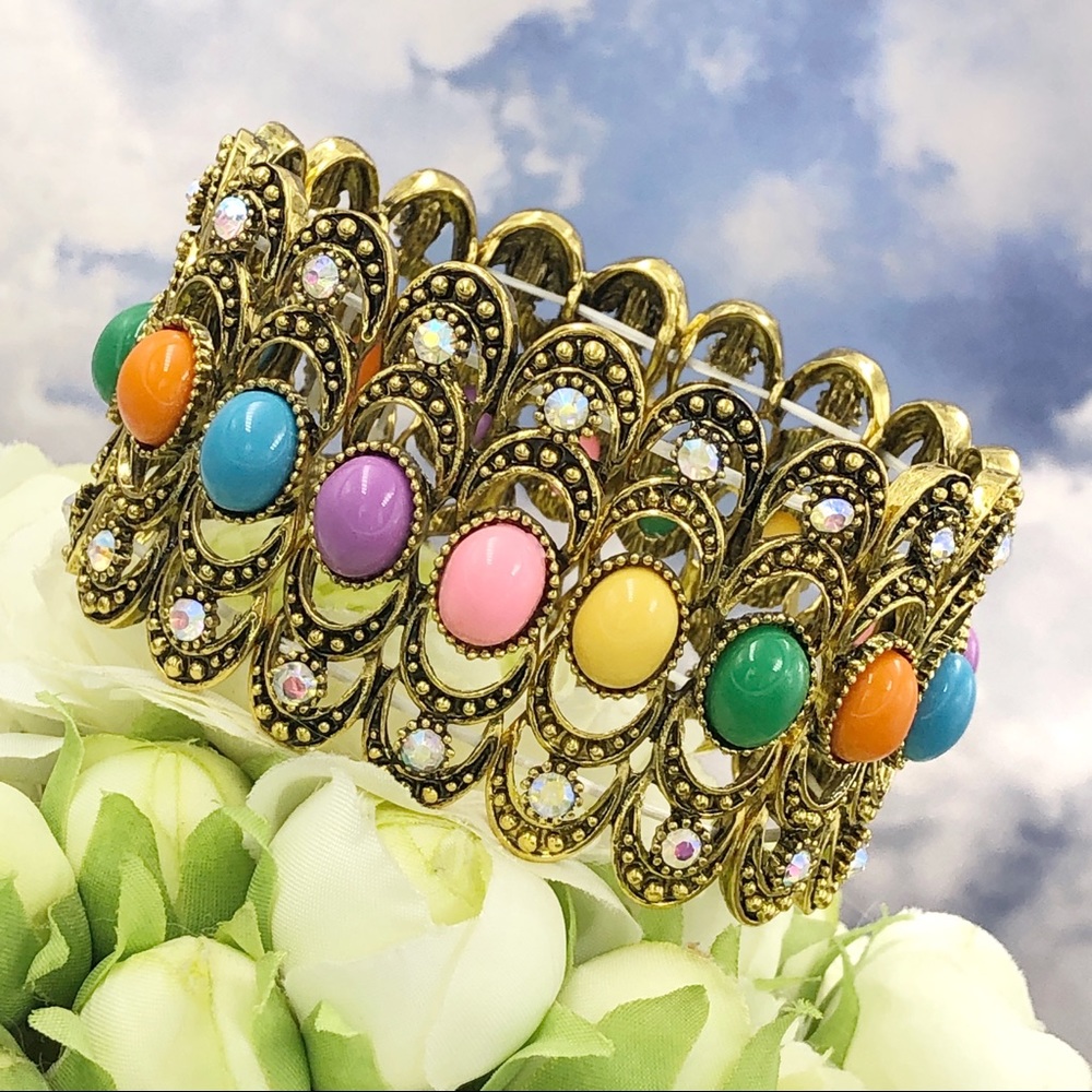 Wide Vintage Look Multi Color Stretch Bracelet